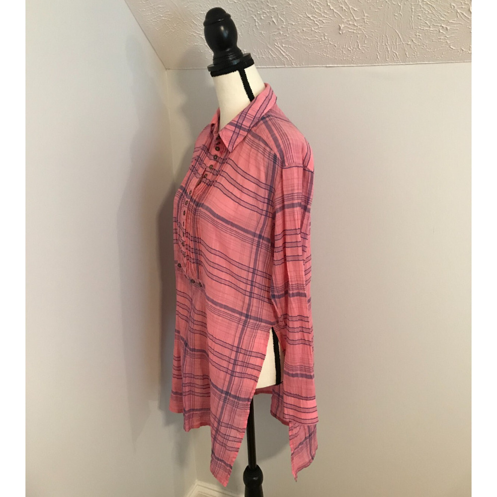 Anthro Pilcro Plaid Tunic XS Pink Blue Henley Pintuck High Low Shirt - Picture 3 of 11